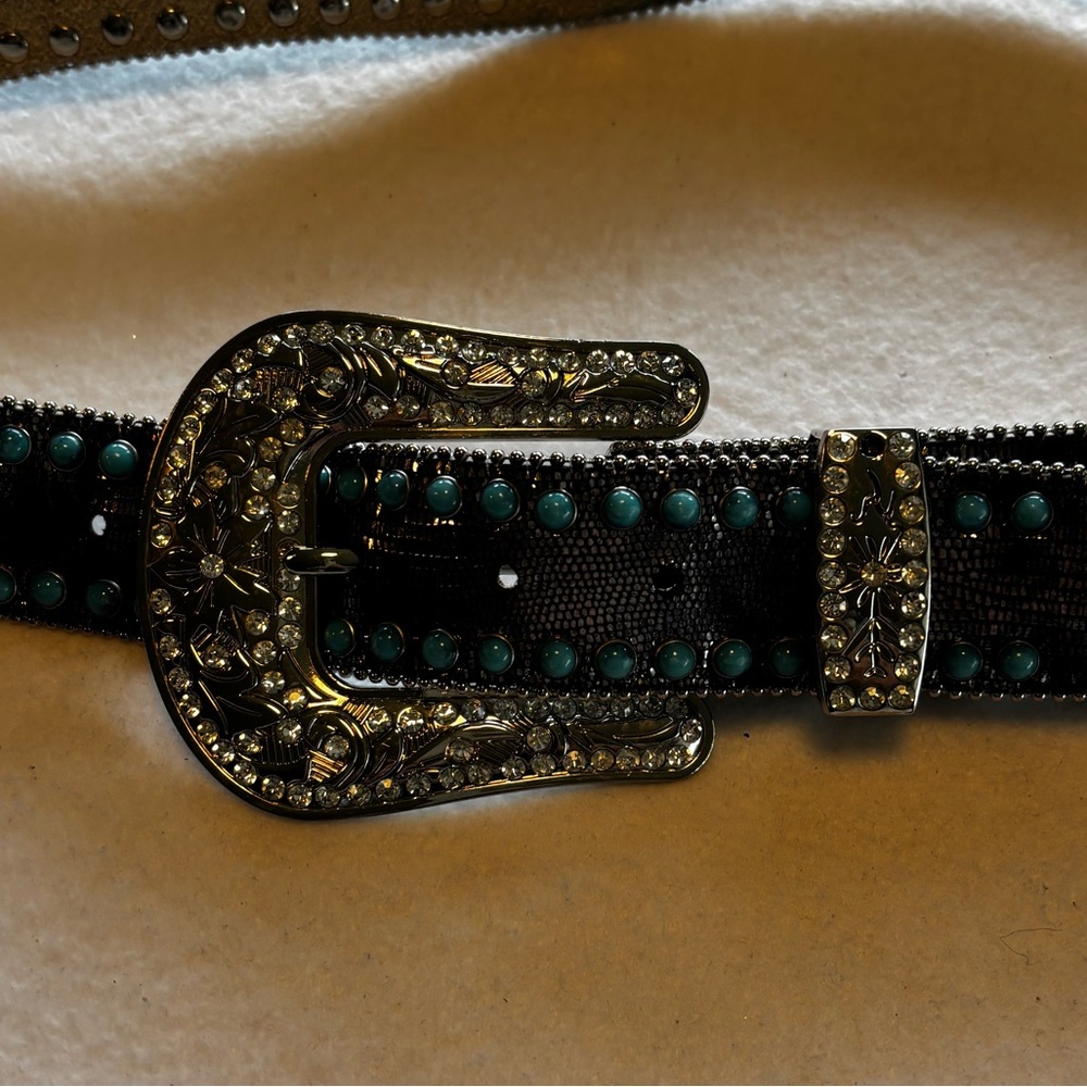 Women’s Angel Ranch Turquoise Studded Western Belt L Rhinestone Buckle Leather - Picture 14 of 16